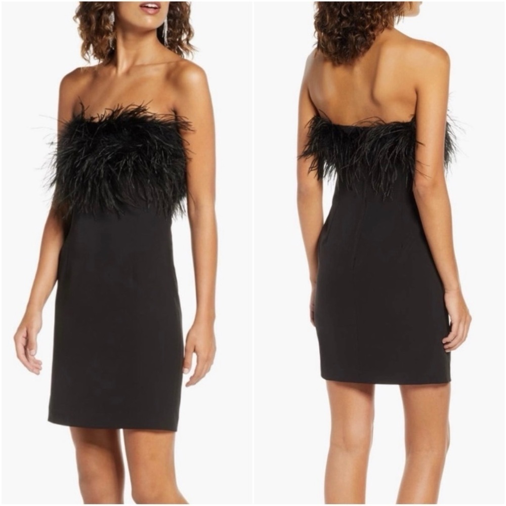 Bardot Dress Faux-Feather Trim Strapless Mini Bodycon Cocktail Black Sz XS